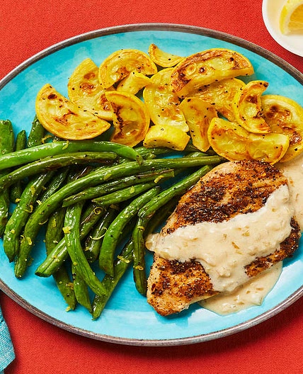 Chophouse-Style Chicken Cutlets with Shallot Sauce, Roasted Squash & Lemony Green Beans