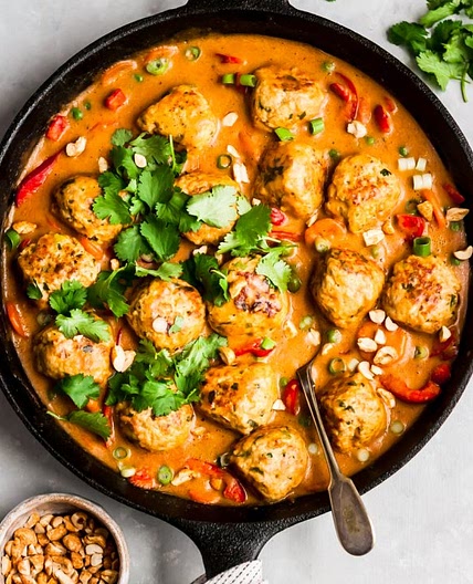 One Pan Ginger Chicken Meatballs with Peanut Sauce