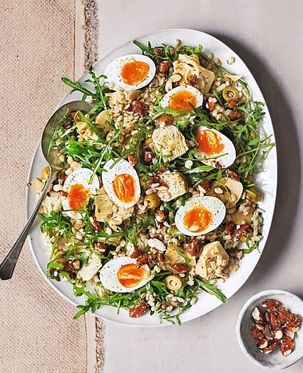 Artichoke and barley salad with soft-boiled eggs