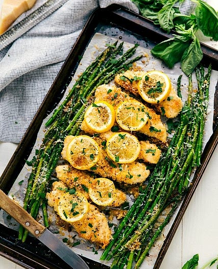 One Pan Lemon Parmesan Chicken and Asparagus