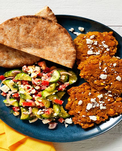 Spiced Chickpea Fritters with Greek Salad, Pita & Garlicky White Sauce