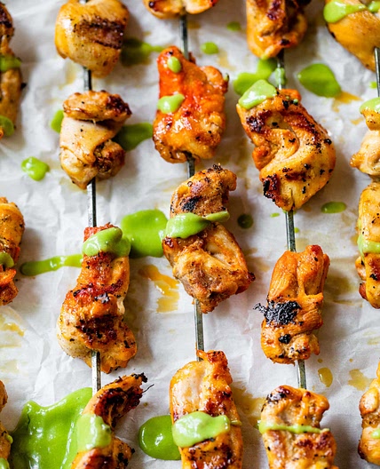 Peruvian Grilled Chicken Skewers with Avocado Aji Verde Sauce
