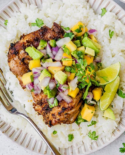 Grilled Jerk Chicken with Mango Avocado Salsa
