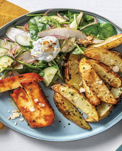 Greek-Style Haloumi & Herby Wedges with Pear Salad & Tzatziki
