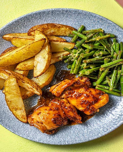 Maple-Mustard Glazed Chicken Breast with BBQ-Spiced Wedges and Green Beans