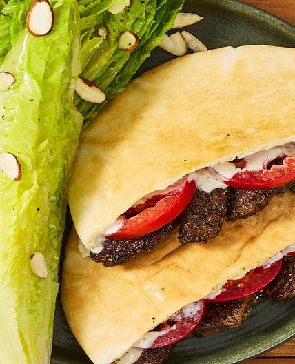 Garlicky Bavette Steak Pitas with Tomato, Lemony Wedge Salad & Almonds