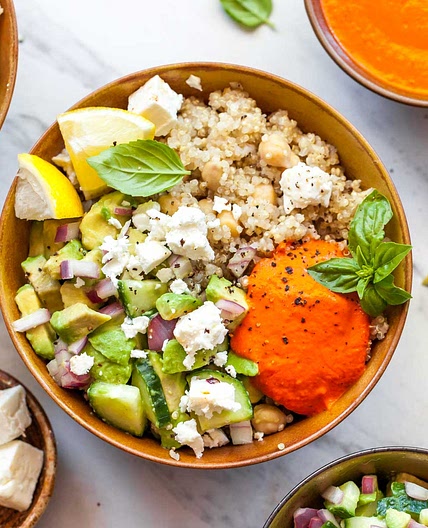 Mediterranean Power Bowls with Red Pepper Sauce