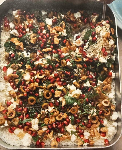 Baked mint rice with pomegranate and olive salsa