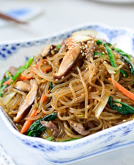 Japchae (stir-fried starch noodles with beef and vegetables)