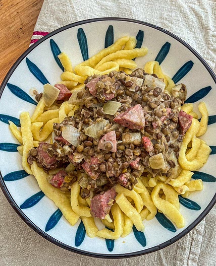 Swabian Lentils with Egg Noodles and Sausage