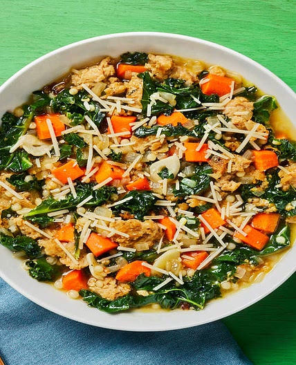 Chicken Sausage, Couscous & Kale Soup with Garlic Herb Ciabatta Toasts