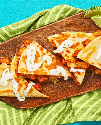 BBQ Chicken Quesadillas with Pickled Jalapeño & Zesty Crema