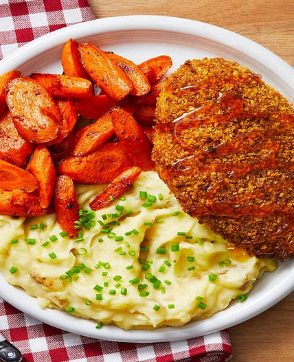 Crispy Hot Honey Chicken with Roasted Carrots and Chive Mashed Potatoes