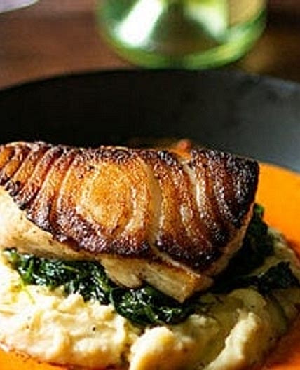 Pan Fried Seabass with Potato Puree and Red Pepper Veloute