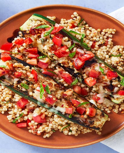 Bruschetta Zucchini Boats with Couscous and Melty Mozz