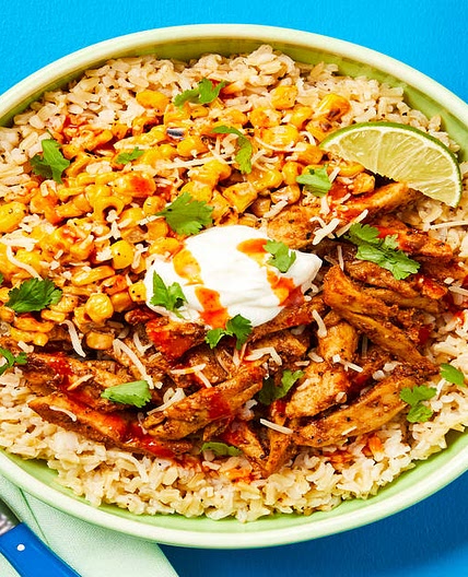 Taqueria Chicken Bowls with Brown Rice, Corn Esquites, Sour Cream, Hot Sauce & Cilantro