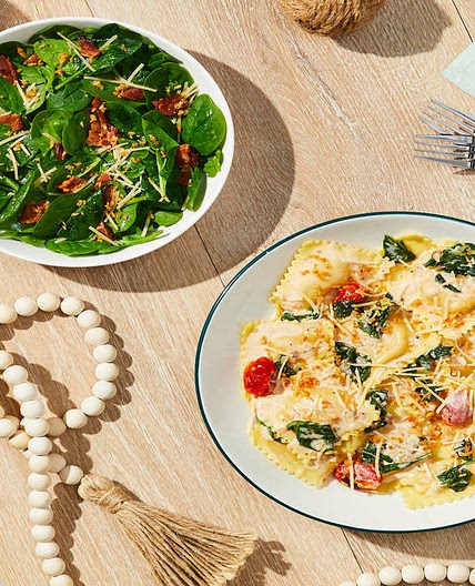 Lobster Ravioli in a Lemony Cream Sauce with Blistered Tomatoes & Spinach Salad