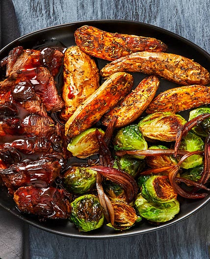 Cherry Balsamic Sirloin with Herby Fingerling Potatoes & Roasted Brussels Sprouts