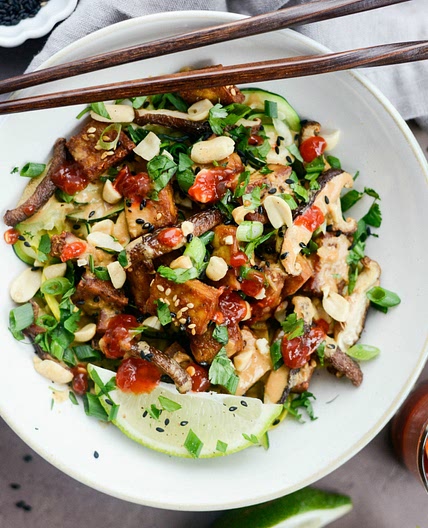 Crispy Peanut Tofu with Squash Noodles (Air Fryer)