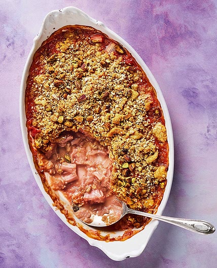 Rhubarb, rose and pistachio crumble
