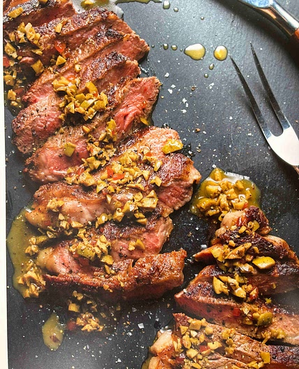 Ribeye Steaks with Green Olive—White Wine Pan Sauce