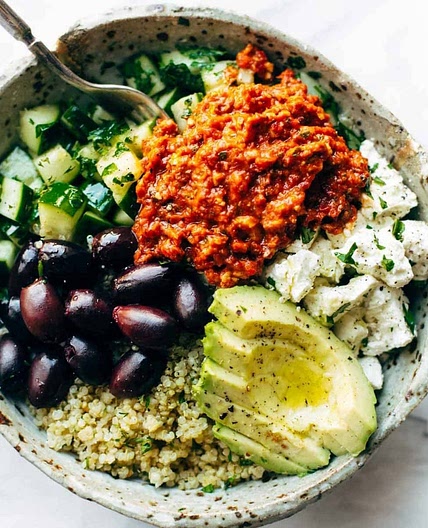 Mediterranean Quinoa Bowls with Roasted Red Pepper Sauce