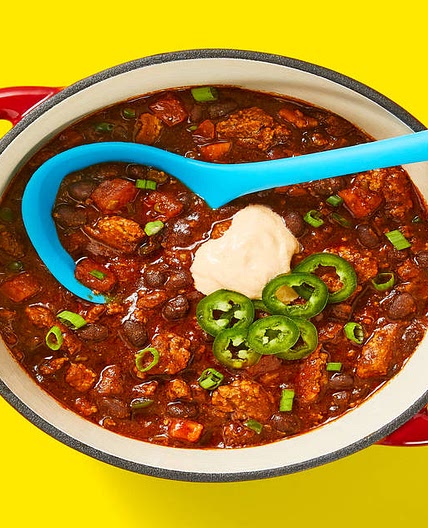 One-Pot Cowboy Pork & Bean Chili with Jalapeño & Smoky Red Pepper Crema