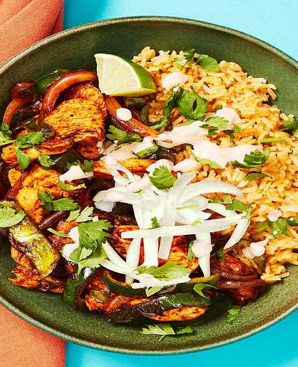 Yucatán Citrus Chicken Bowls with Poblano, Smoky Red Pepper Crema & Pickled Onion