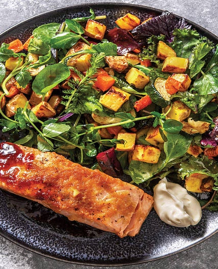 Honey-Soy Salmon with Roast Veggie Salad & Ginger Aioli