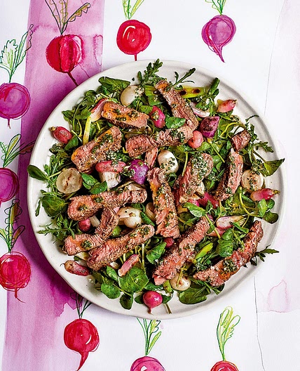 Peppered steak and charred radish salad