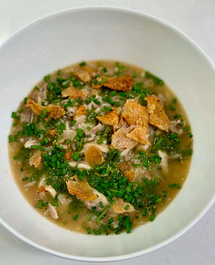 Herby Chicken and Rice Soup with Crispy Chicken Skin