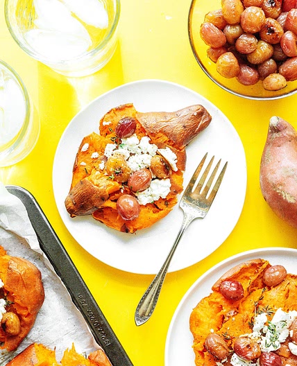 Smashed Sweet Potato with Roasted Grapes