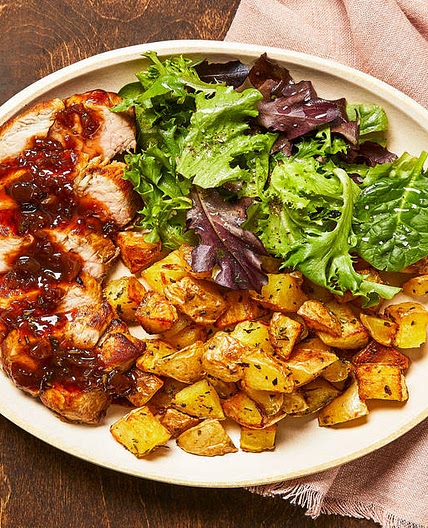 Figgy Balsamic Pork with Lemony Greens and Rosemary Potatoes