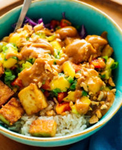 Mango "Burrito" Bowls with Crispy Tofu and Peanut Sauce