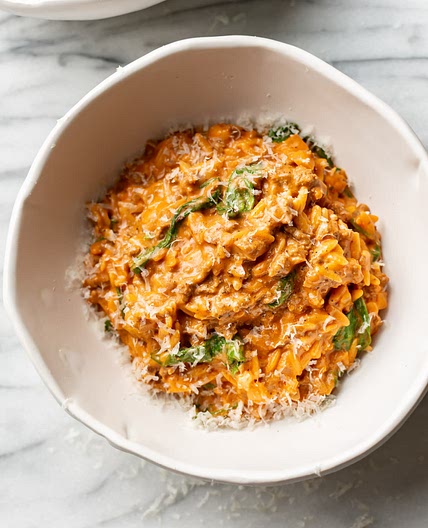 Ground Beef Orzo with Tomato Cream Sauce