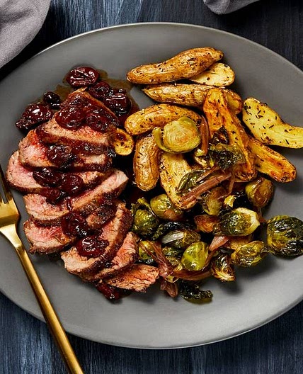 Cherry-Balsamic Sirloin with Herby Roasted Fingerling Potatoes and Roasted Brussels Sprouts