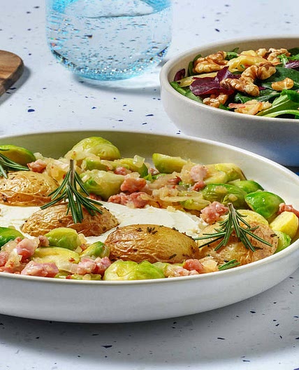 Abfahrt! Zitronige Frischecremepiste gesäumt von Tannenbaum-Kartoffeln & Speck-Rosenkohl