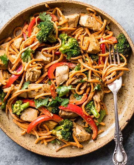 30-minute Spicy Thai Peanut Chicken & Sweet Potato Noodle Stir Fry