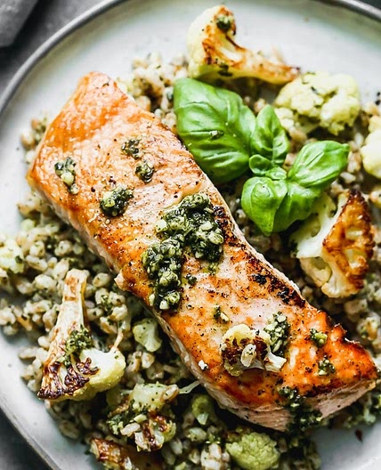 Salmon with Pesto and Roasted Cauliflower (5 ingredients!)