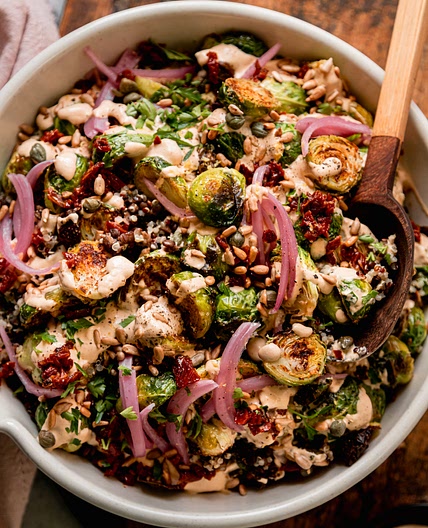 Roasted Brussels Sprouts, Quinoa & Lentil Salad with Spicy Caesar Dressing