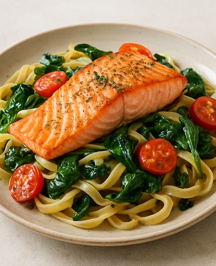 Lachs und Tagliatelle mit Spinat und Tomaten