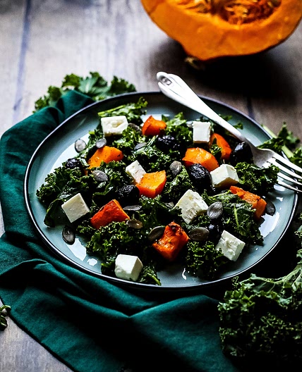 Kale Pumpkin Salad with Feta and Pesto Dressing