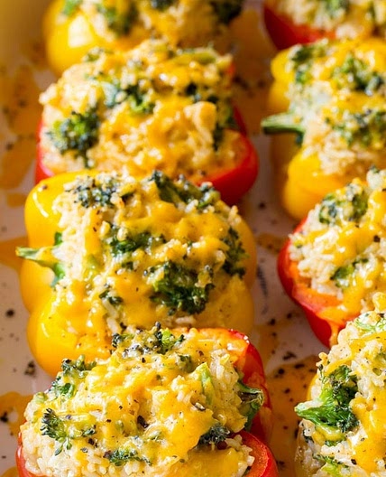 Vegetarian Stuffed Peppers Recipe with Rice and Broccoli