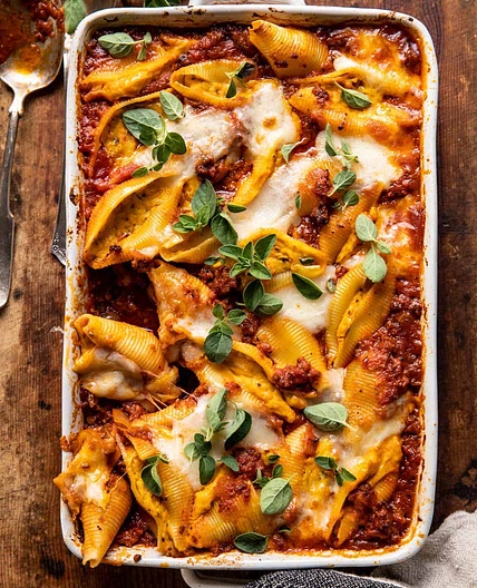Pumpkin Cheese Stuffed Pasta Shell Bolognese Bake