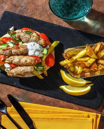 Greek Inspired Oregano Pork Kofta Gyros with Chips, Mint Yoghurt Sauce and Tomato & Cucumber Salad