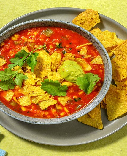 Tex-Mex Lentil Tortilla Soup with Peppers and Corn