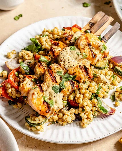 Spicy Curried Shrimp Skewers with Grilled Veggie Couscous