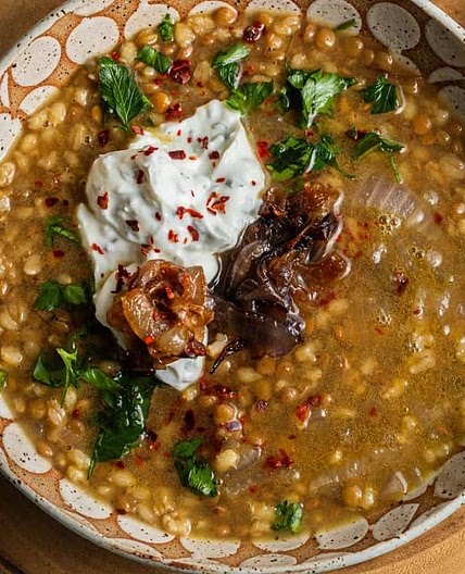 Barley Lentil Soup with Mint Yogurt