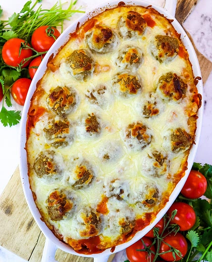 5 Ingredient Dump and Bake Meatball Casserole with Penne Pasta