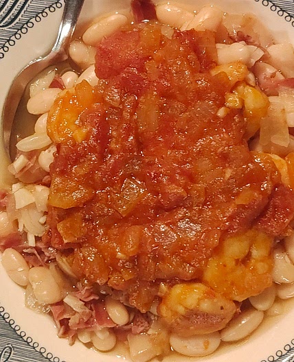 Catalan Soup of White Beans Garnished with Shrimp